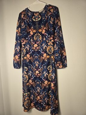 Navy Floral Long-Sleeve Midi Dress